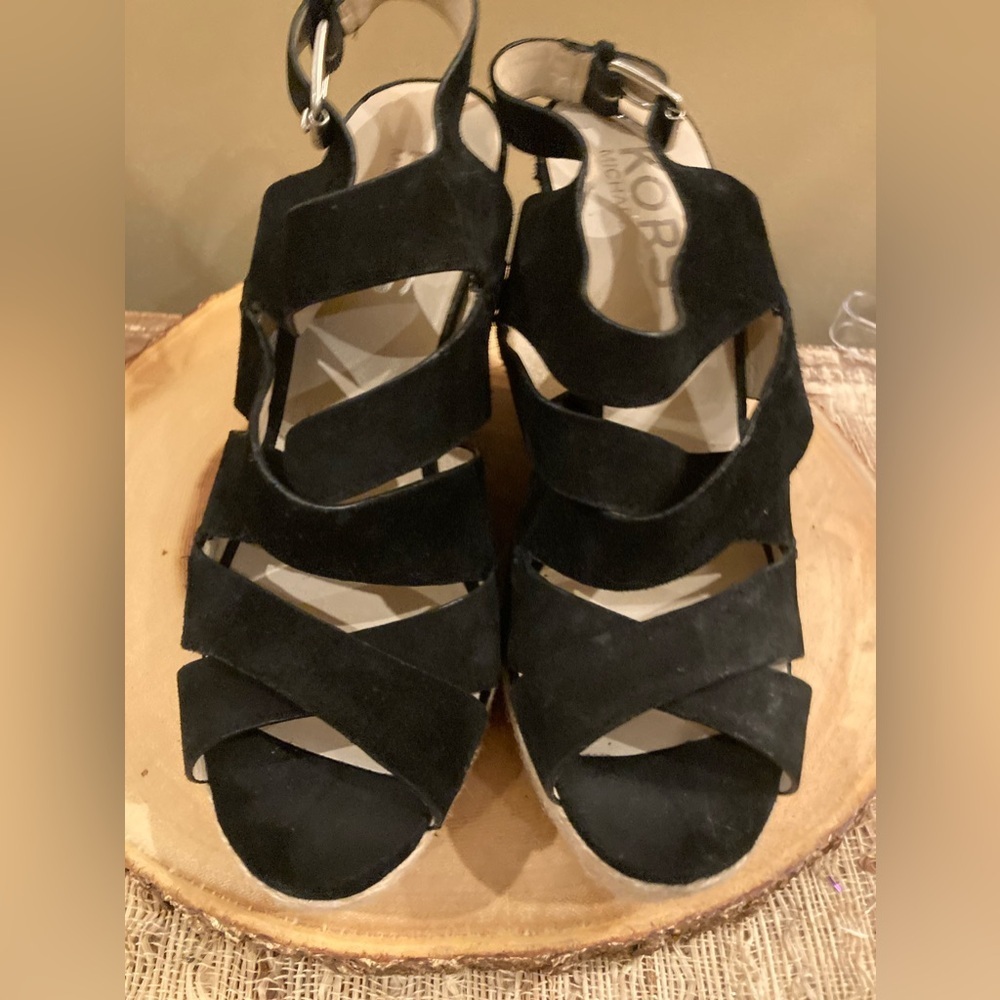 KORS MICHAEL KORS CYNTHIA Black Suede Designer Wedge‎ Platform Sandal 10M 265$ - Picture 7 of 7